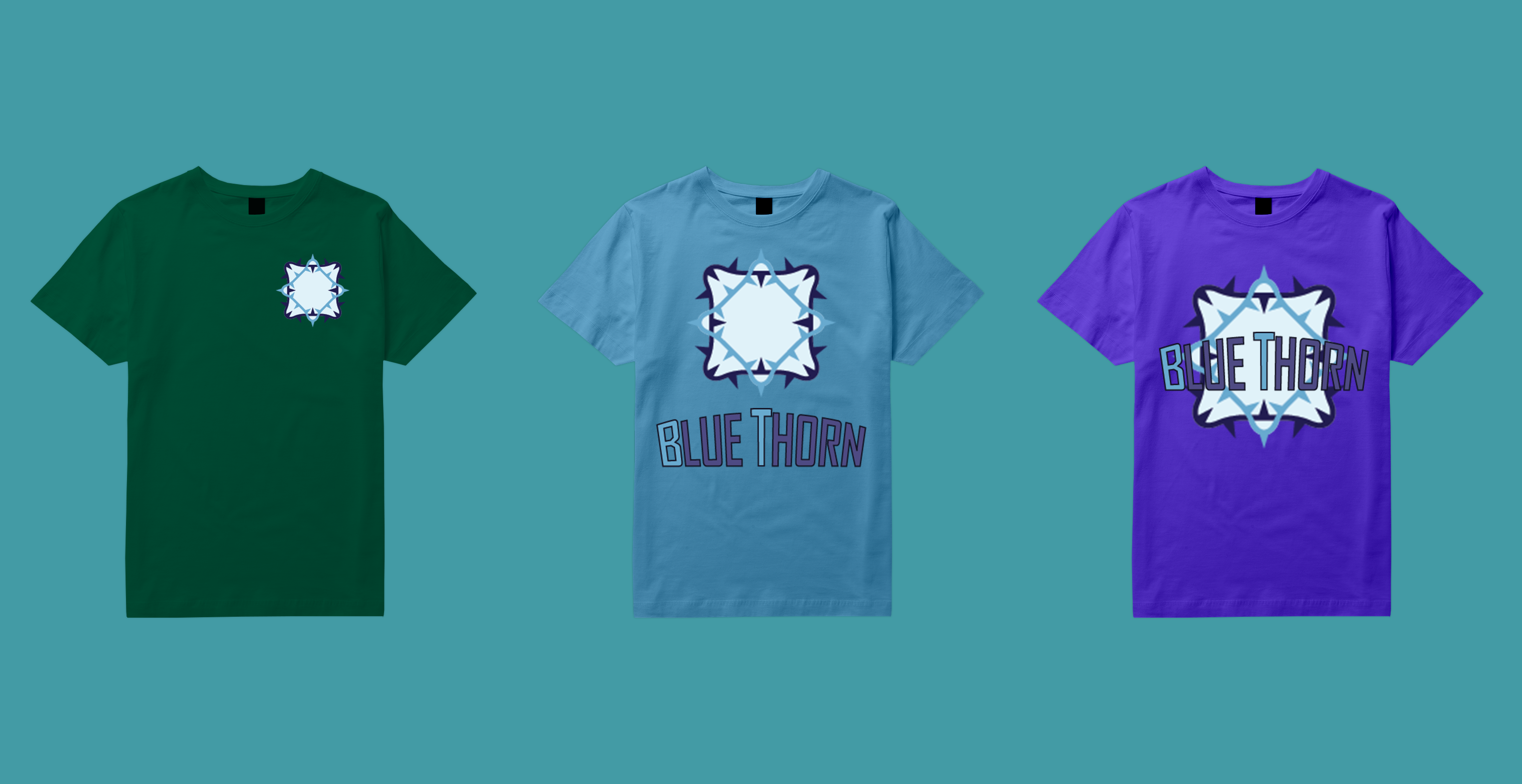 image of three shirts with Blue Thorn branding